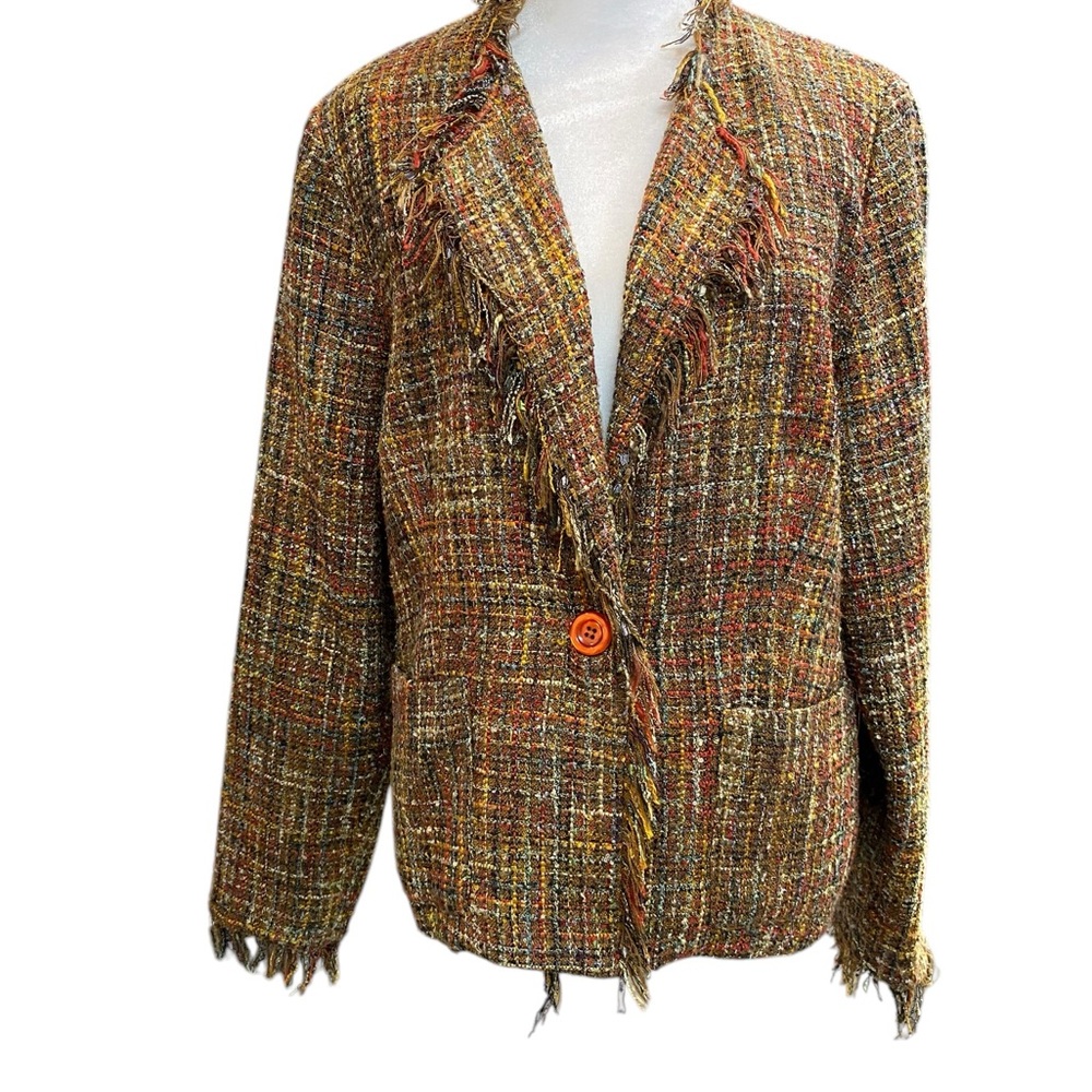 Vintage Tweed Blazer Jacket Fringed in Multicolor Earthy Autumn Hues Women's 12